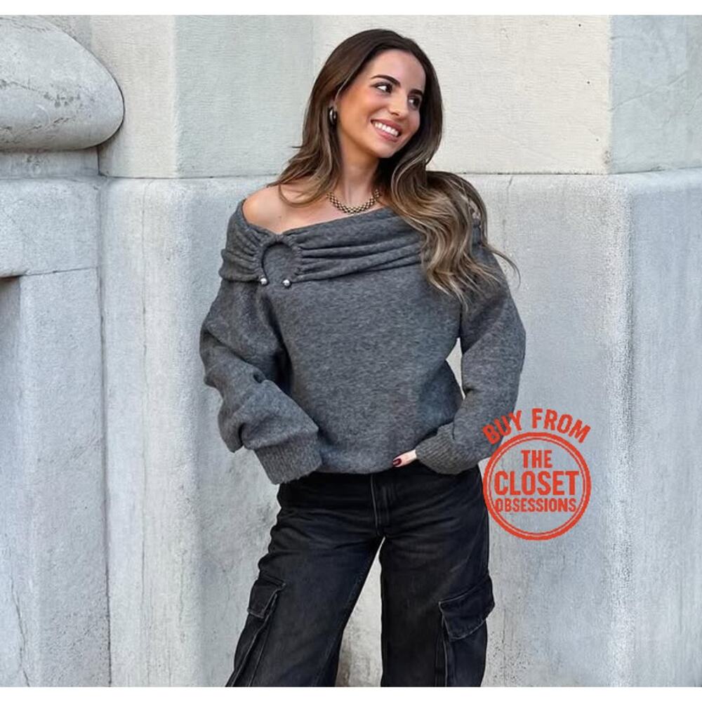 ZARA Bardot Off Shoulder Knit Sweater NWT Gray Foldover Neck Pearl Detail M - Picture 3 of 16
